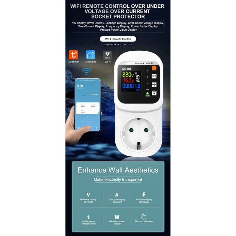 Tuya Wifi Smart Socket Voltage & Current Protector Stabilizer Multifunctional Power Energy Meter EU Plug