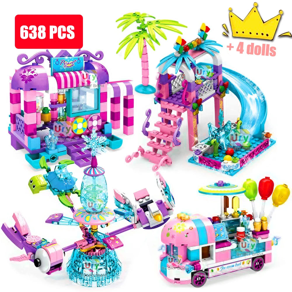 Friends Summer  Amusement Park Holiday Seaside Slide Rotating Chair MOC Building Blocks Sets Figures Toy for Girl Christmas Gift