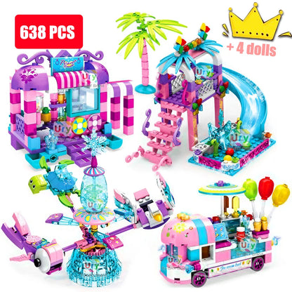 Friends Summer  Amusement Park Holiday Seaside Slide Rotating Chair MOC Building Blocks Sets Figures Toy for Girl Christmas Gift