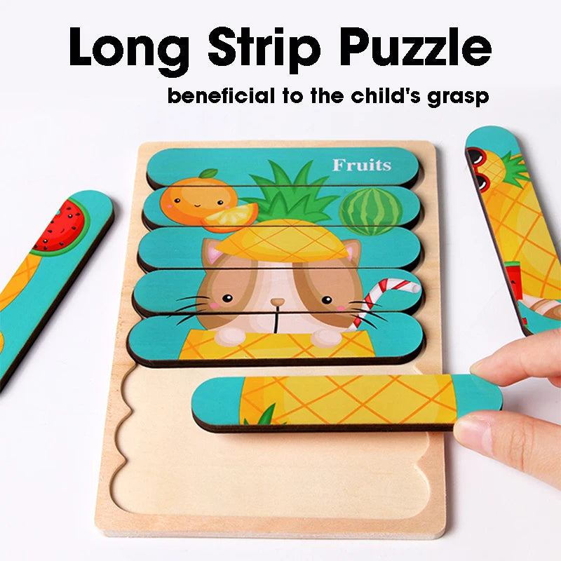 Double Sided Strip 3D Puzzles Baby Toy Wooden Montessori Materials Educational Toys For Children Large Bricks Kids Learning Toys