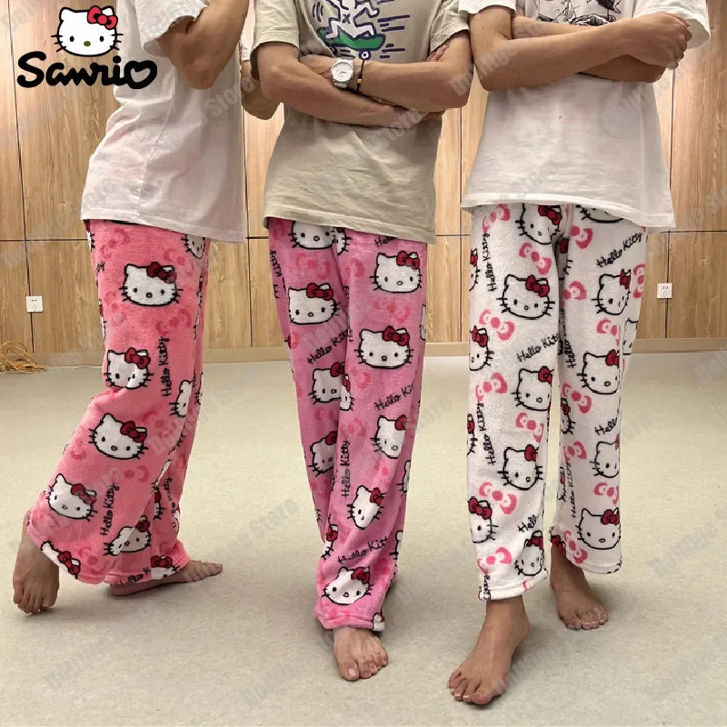 Sanrio Christmas Hello Kitty Pajamas Halloween Flannel Fashion Trouserswomen Kawaii Woolen Anime Cartoon Casual Home Pant Autumn