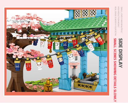 SEMBO BLOCK Sakura Street View Blocks City Cherry Blossom Japanese Sakura Tree Diy House Mini Model Building Children Toys