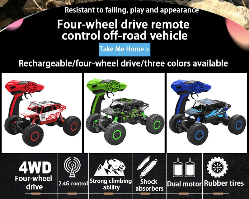 Remote Controlled Monster Truck, 2.4GHz 4WD Off-road RockTracked Vehicle, 1:16 All Terrain Rechargeable Electric Toy  Gifts