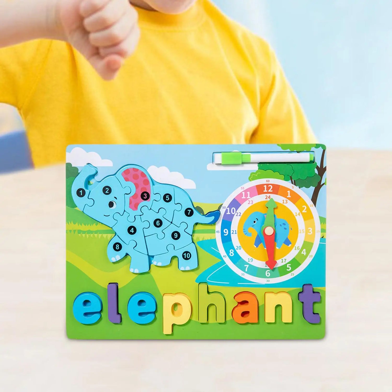 Alphabet Puzzle Blocks Toys Early Learning with Clock Toy Wooden Animal Puzzle Montessori Toy for Children Gift Boys Girls Kids