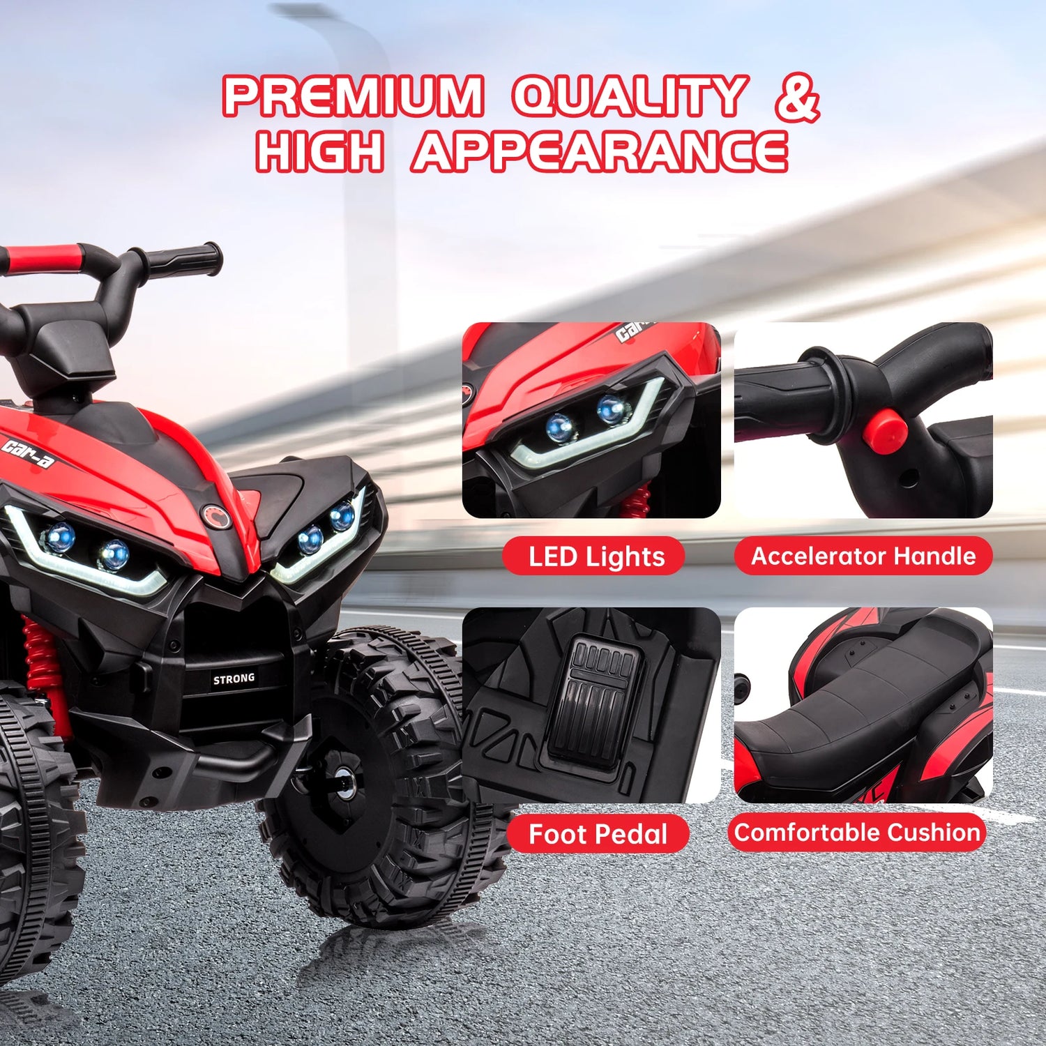 12V Kids Ride On ATV, Electric Battery, Powered Four Wheeler with Music, Led Lights, Soft Start, USB Port, and Treaded Tires