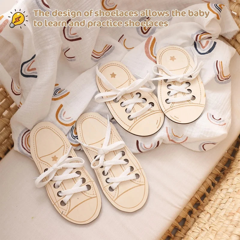 2pc Wooden Lacing Shoe Toy Learn to Tie Laces Creative Threading Educational Toys Practice Tying Shoelaces Boards Montessori Toy