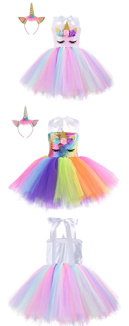 Princess Girls Unicorn Tutu Dress Outfits Pastel Flower Baby Girl Birthday Party Dresses Tulle Kids Halloween Cosplay Costumes