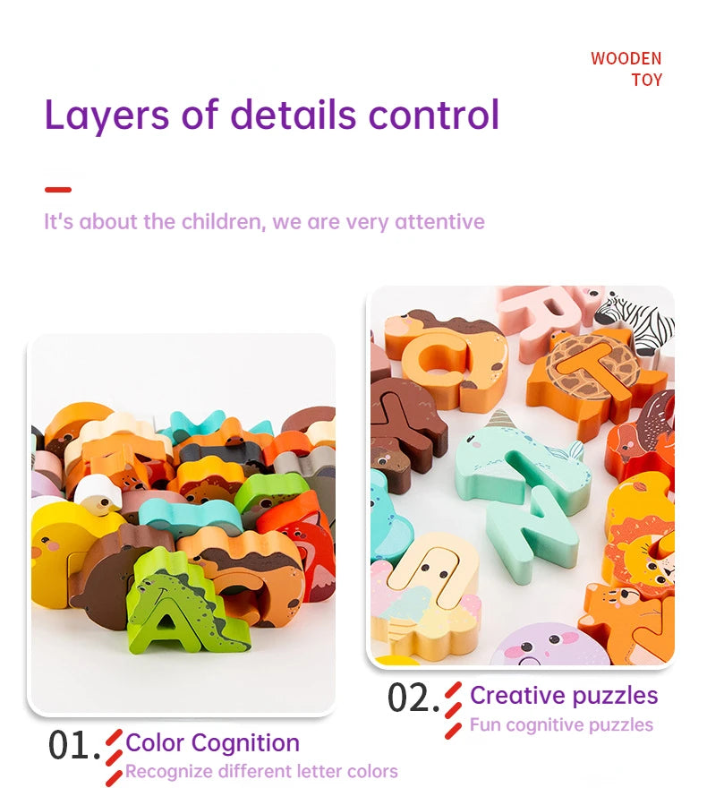 Wooden Alphabet Creative Puzzle Toy Abc Building Blocks Alphabet Cognitive Spelling Jigsaw Animal Puzzle Cute Gift for Kids