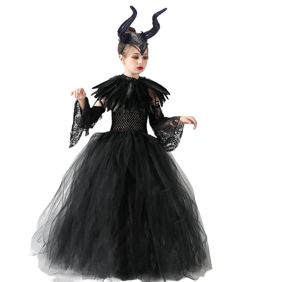 Disney Maleficent Devil Queen Tutu Costume Halloween Girls Fancy Tutu Dress with Feather Shawl Royal Kids Ball Gown Robe Outfits