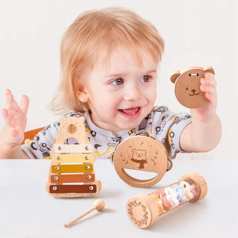 Baby Wooden Musical Instruments Montessori Toys Kids Bear Percussion Xylophone Rain Sound Pipe Music Shaker Early Education Toys