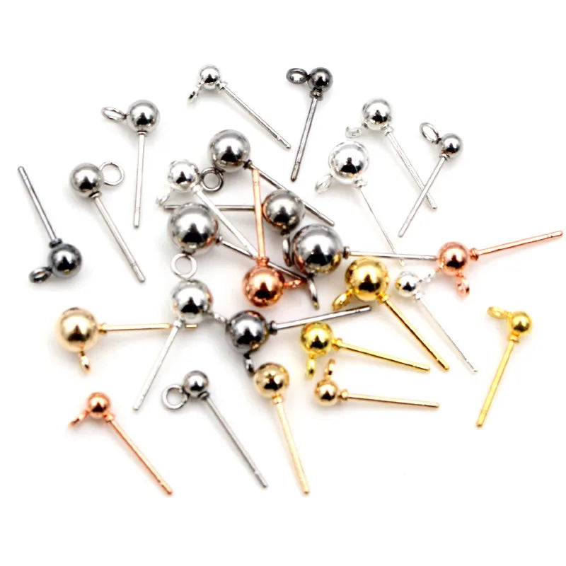 30-50pcs 3/4/5/6mm Gold Silver Plated Ball Stud Earring Pins with Loop Connector For DIY Earrings Jewelry Making Accessories