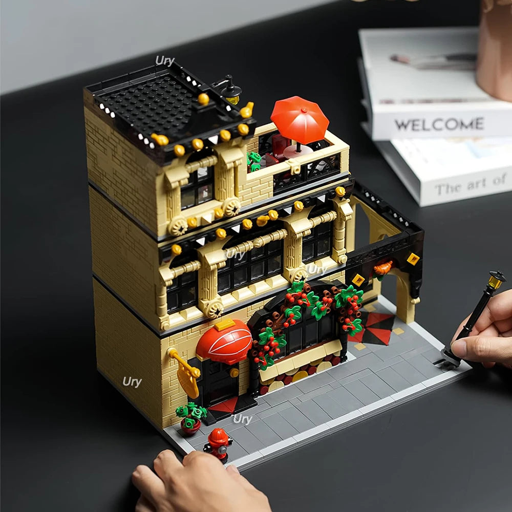 City Street View Modular Coffee Restaurant Retro Flower House with LED Light MOC Architecture Building Block Sets Toys for Kids