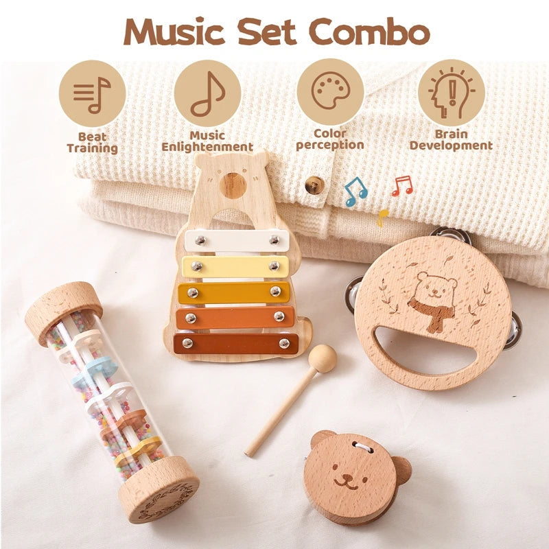 Baby Wooden Musical Instruments Montessori Toys Kids Bear Percussion Xylophone Rain Sound Pipe Music Shaker Early Education Toys