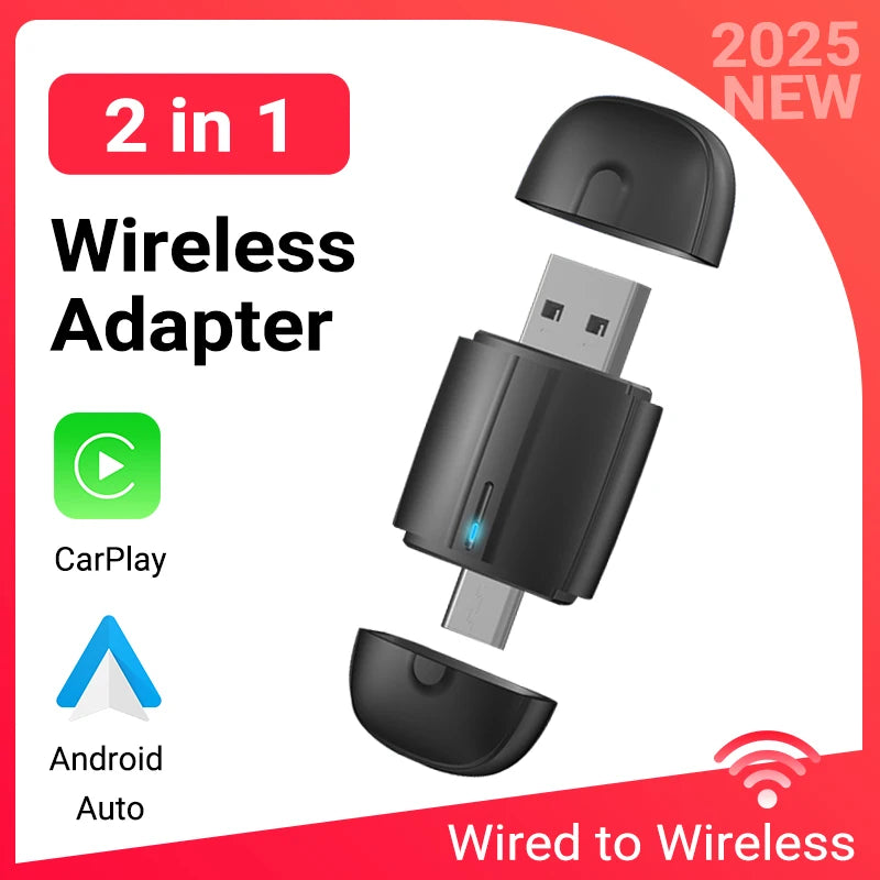 2025 New Wired to Wireless CarPlay 2in1 Smart Adapter Android Auto Mini Box Plug and Play Auto Connection Wifi BT5.0 Universal