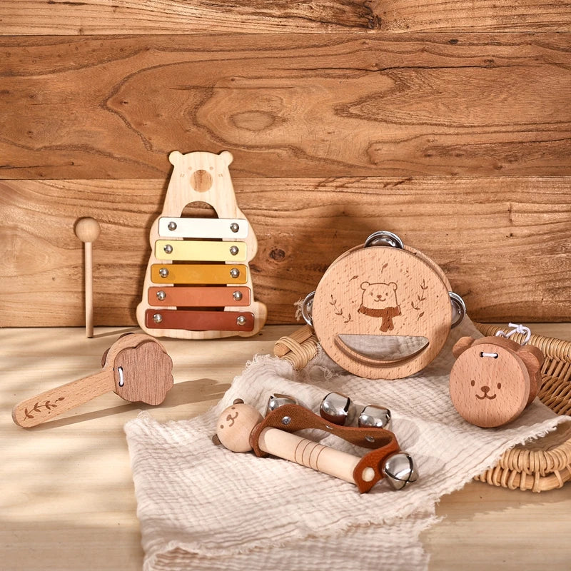 Baby Wooden Musical Instruments Montessori Toys Kids Bear Percussion Xylophone Rain Sound Pipe Music Shaker Early Education Toys