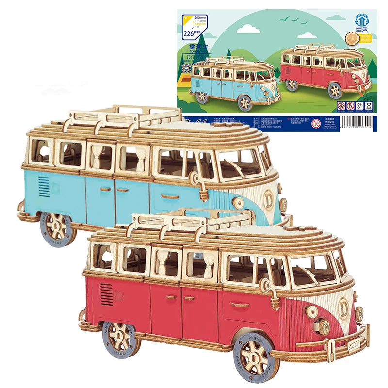 Retro Bus European-style Campervan 3D Wooden Car Puzzle DIY Sailing Ship Airplane Building House Model Jigsaw Toys For Children