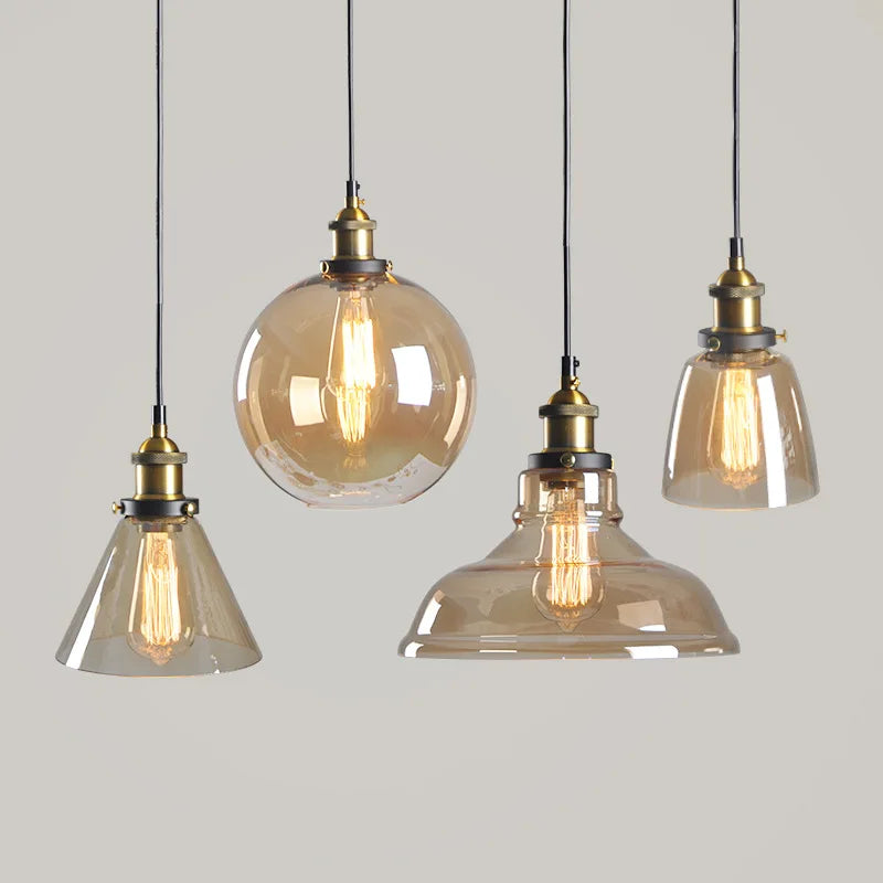 IWHD Vintage Copper LED Pendant Lamp Kitchen Coffee Restaurant Loft Amber Glass Indoor Home Decor Hanging Lights Lampu Gantung