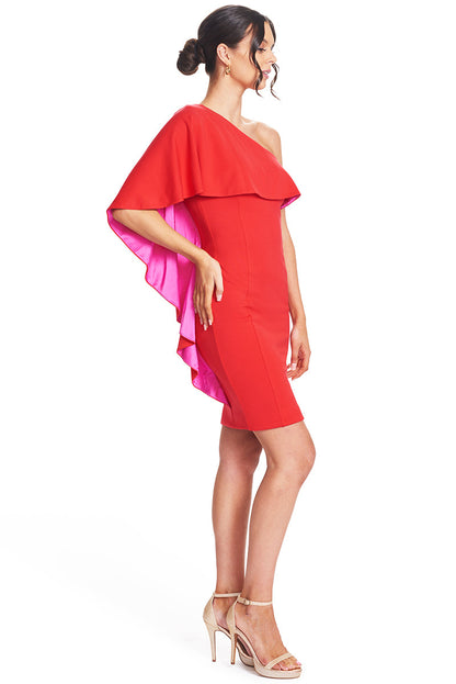Shero Asymmetric Cape Dress - Red Bodycon Cocktail Dress with Contrast
