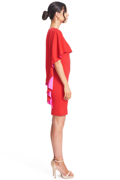 Shero Asymmetric Cape Dress - Red Bodycon Cocktail Dress with Contrast
