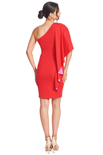 Shero Asymmetric Cape Dress - Red Bodycon Cocktail Dress with Contrast
