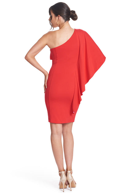 Shero Asymmetric Cape Dress - Red Bodycon Cocktail Dress with Contrast