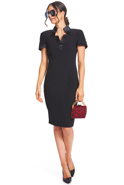 Top Notch Dress -  Short Sleeve Notch Neck Black Midi Dress with Satin
