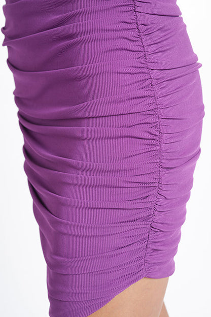 Harper Dress - Amethyst Ribbed &amp; Ruched Asymmetric Bodycon with Bow