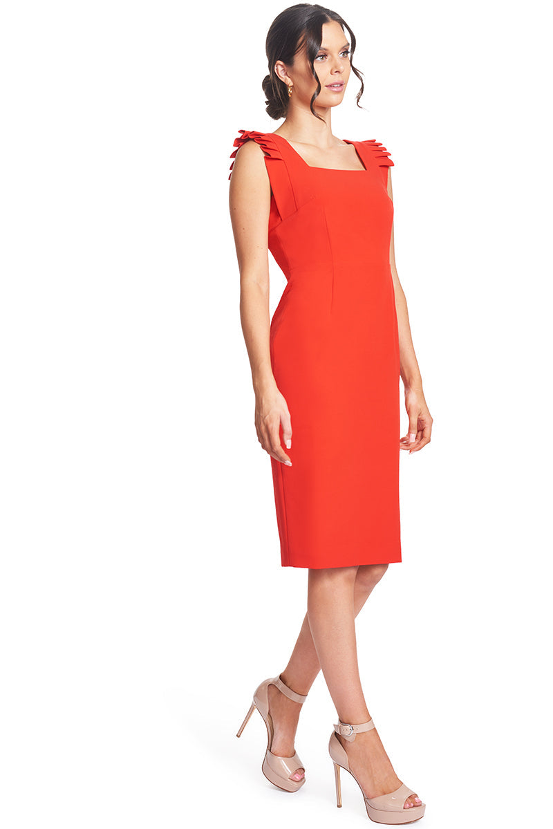 Monarch Dress - Red Midi Sheath Dress with Pleated Shoulder Detail &amp;