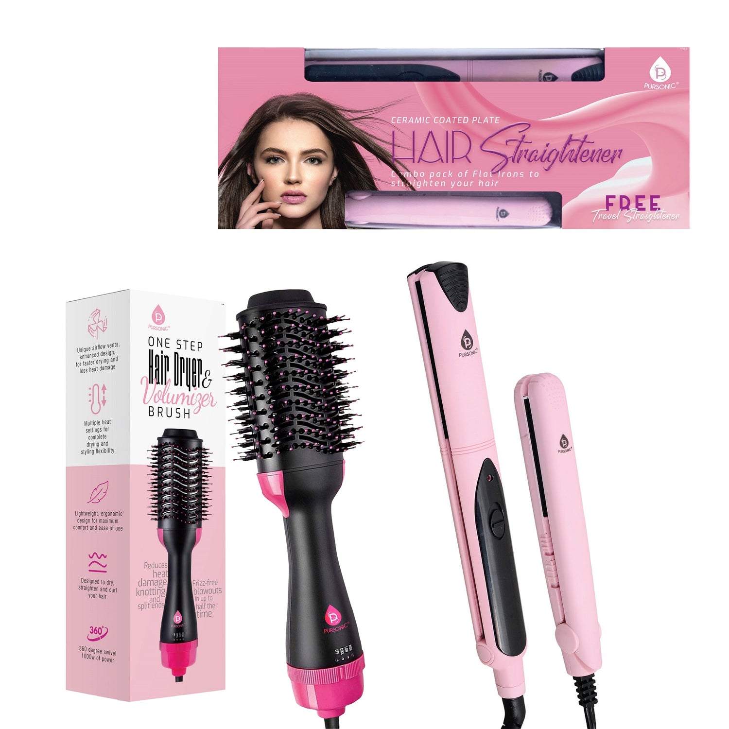 Hair Styling Power Bundle: One Step Hair Dryer &amp; Volumizer Brush +