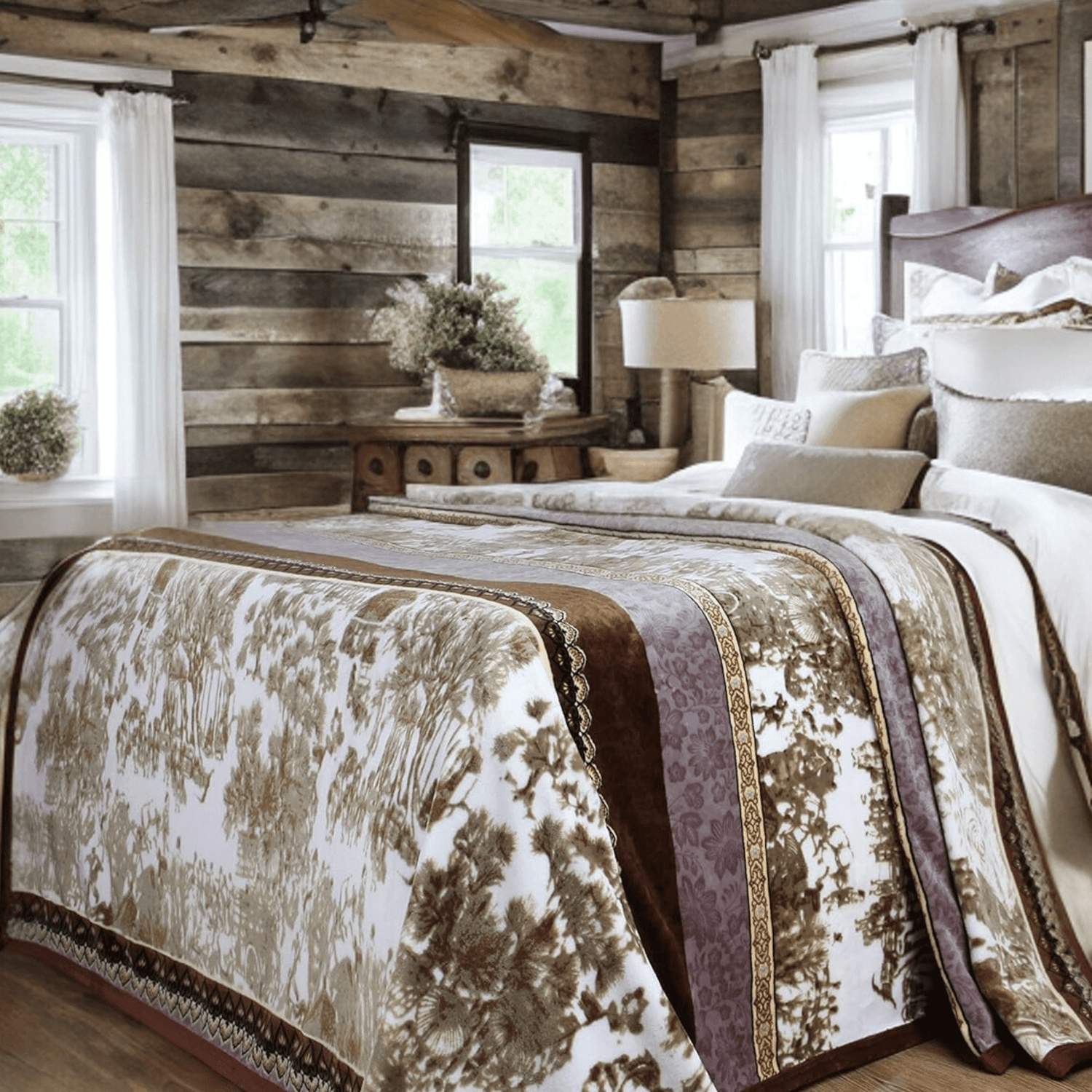 DaDa Bedding Elegant Twilight Lavender Brown Floral Flannel Mink
