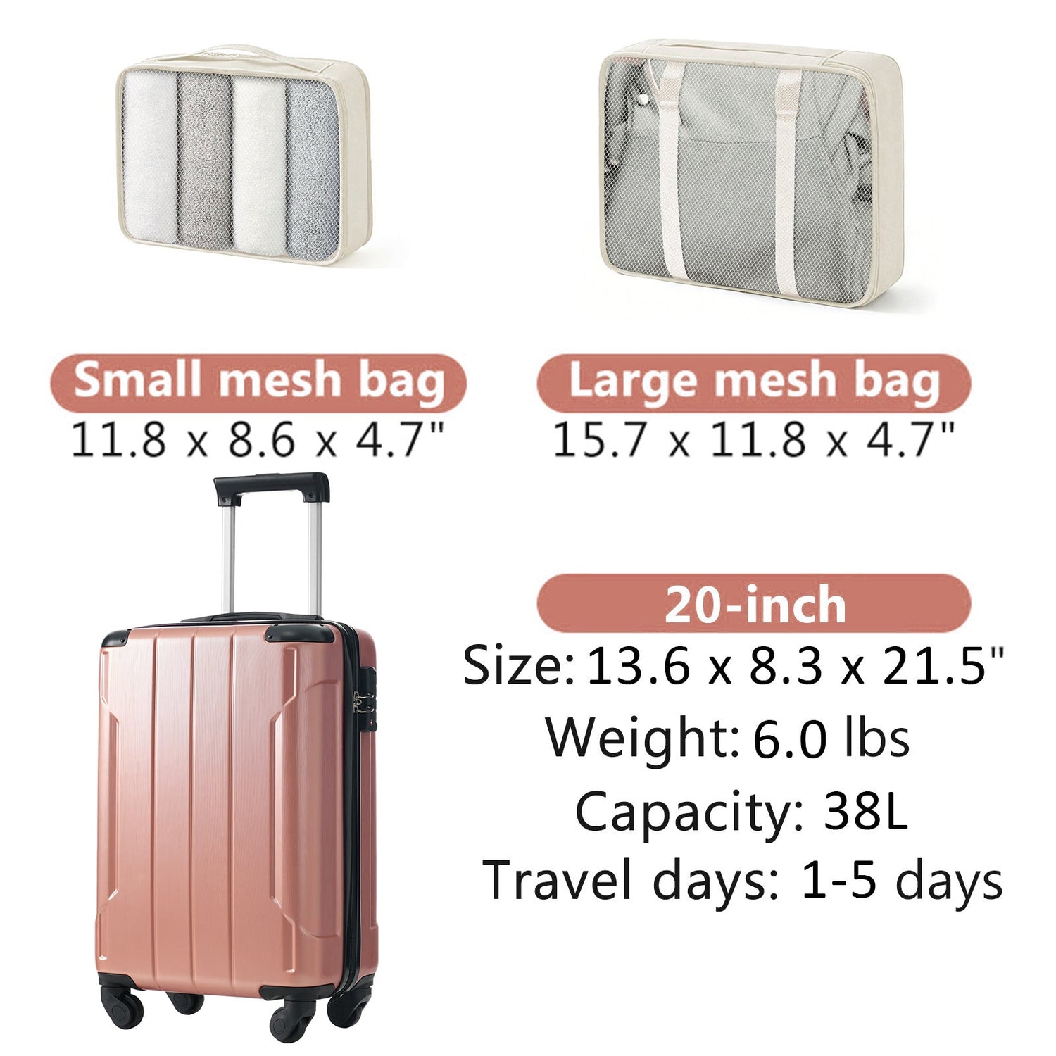 20-Inch Hardshell Carry-On Luggage, Lightweight Durable ABS Suitcase