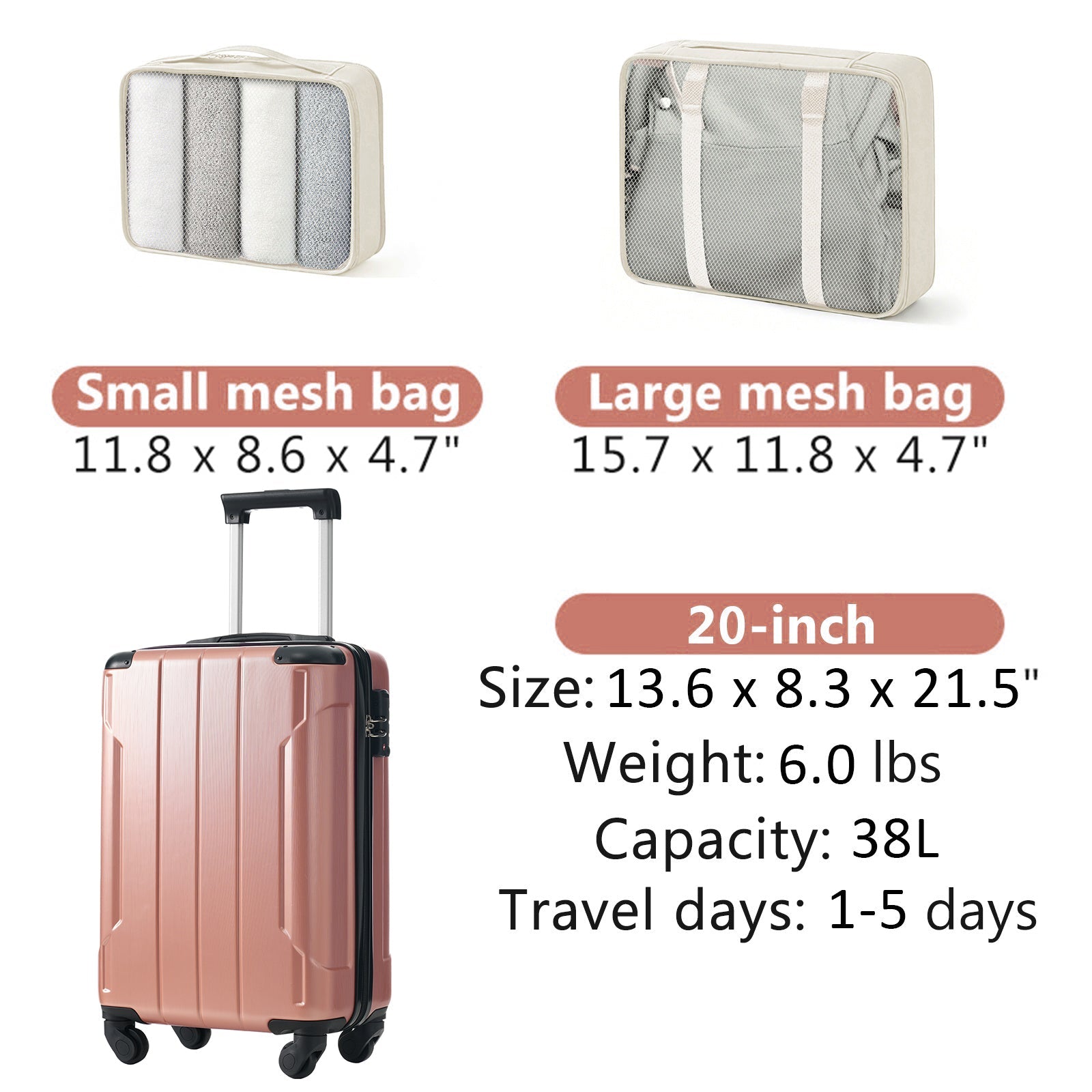 20-Inch Hardshell Carry-On Luggage, Lightweight Durable ABS Suitcase