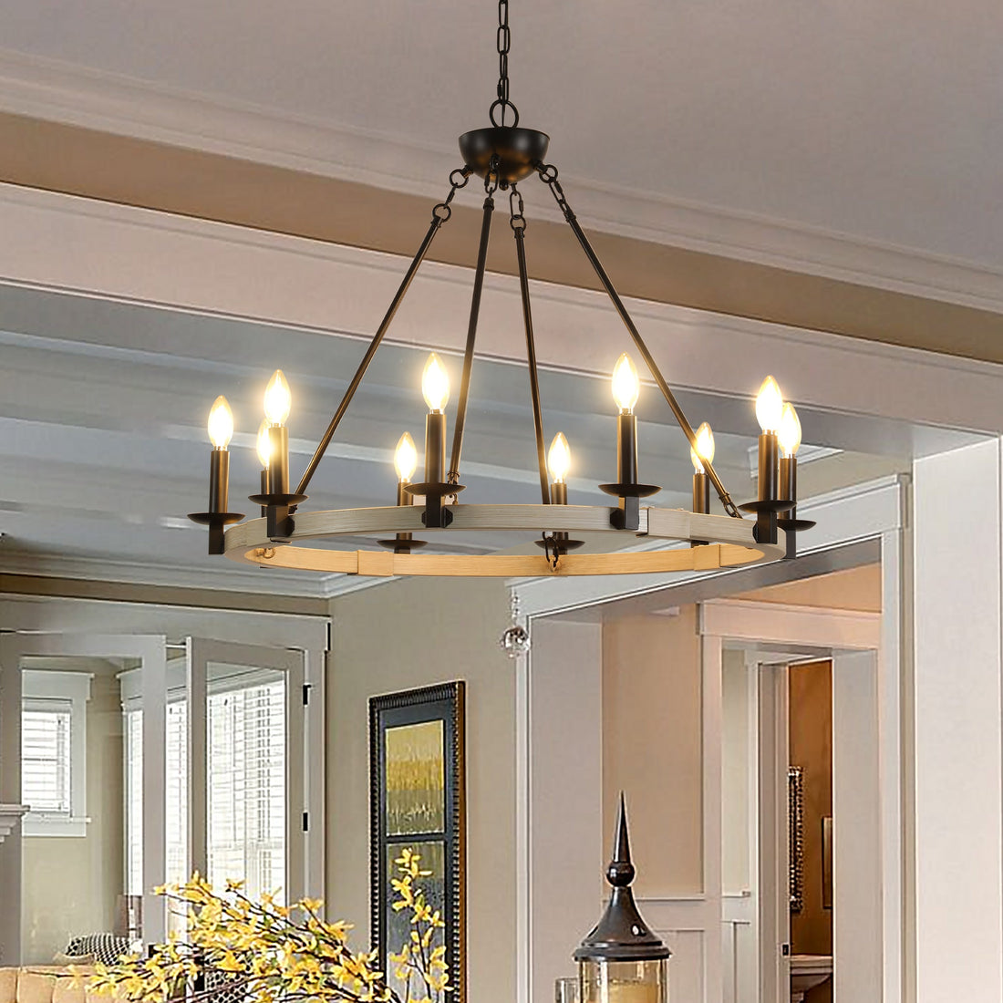 Rustic Farmhouse 10-Light Candle Chandelier, Black Metal and Wood