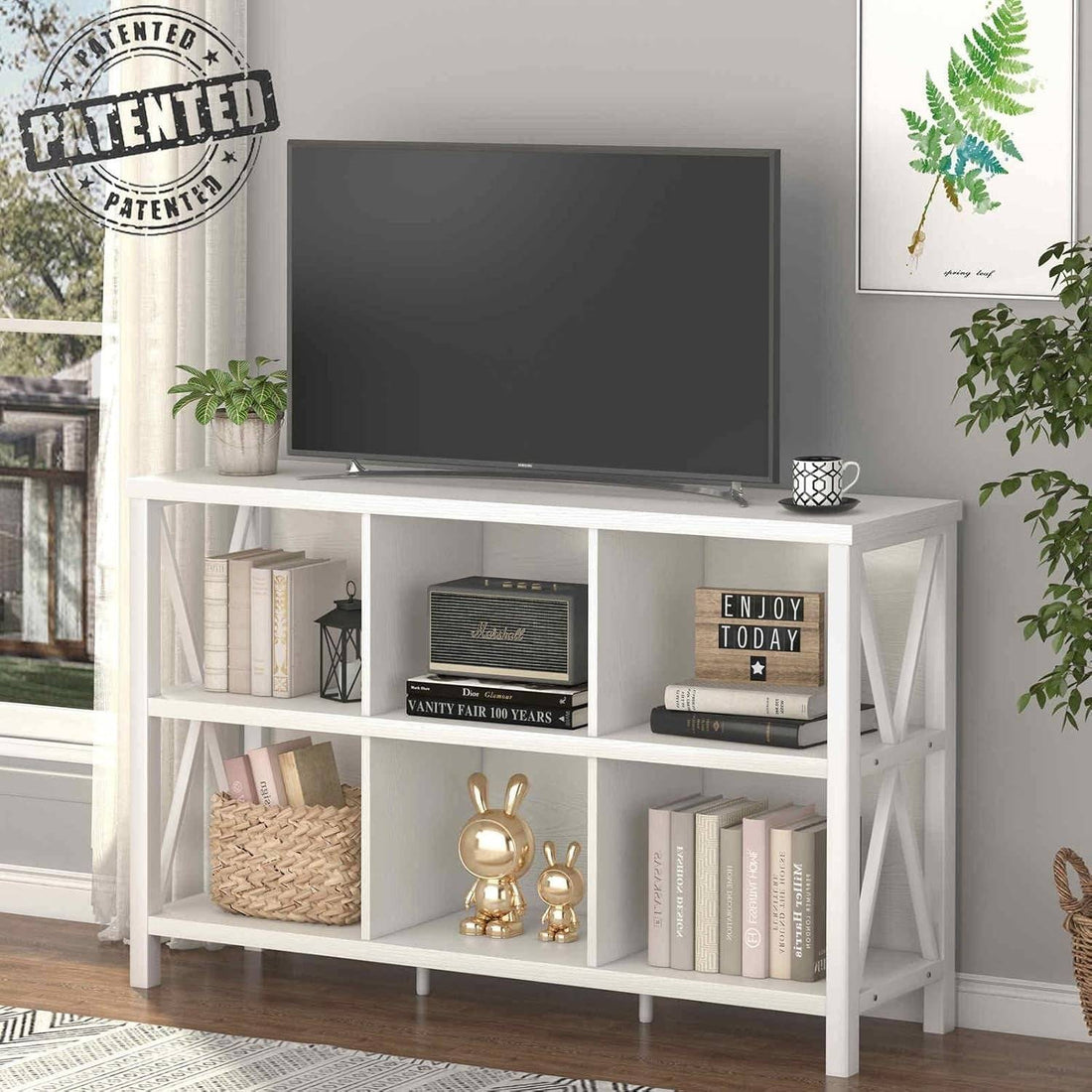 6 Cube Storage Organizer with Shelf, Long Wood and Metal Cubby