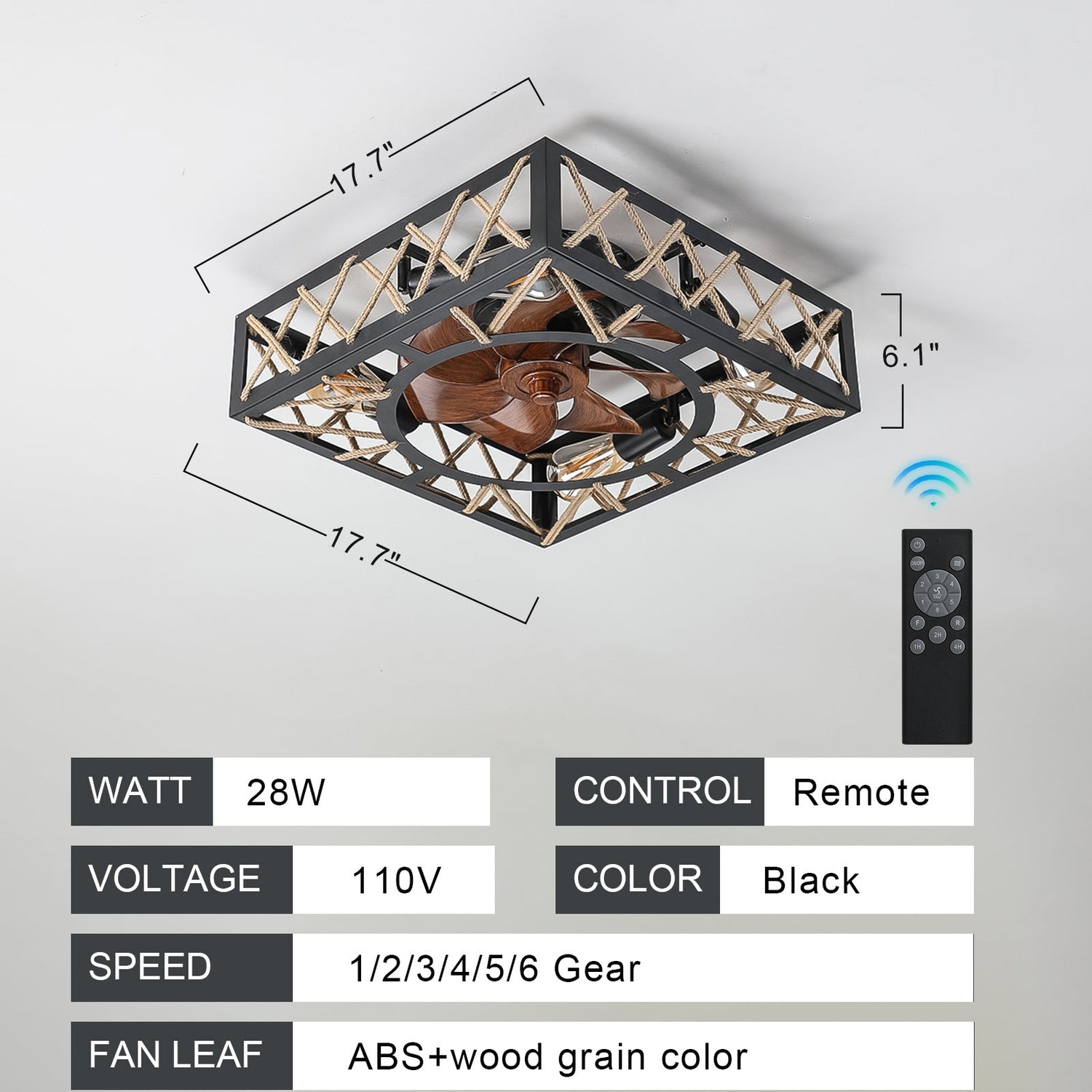 Farmhouse Rustic Ceiling Fan and Remote Control,Square Caged