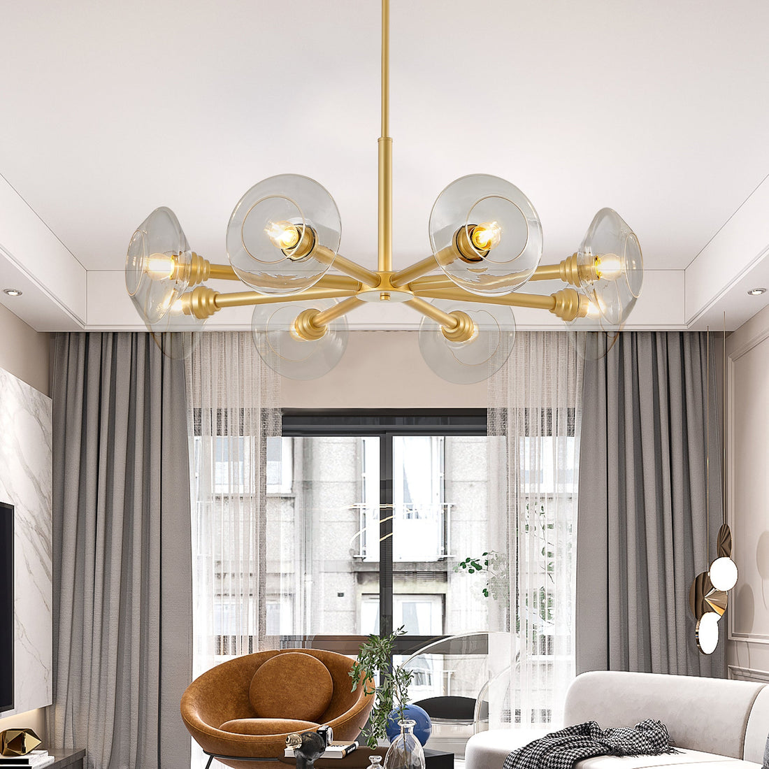 Modern Gold 8-Light Sputnik Chandelier with Clear Glass Shades,