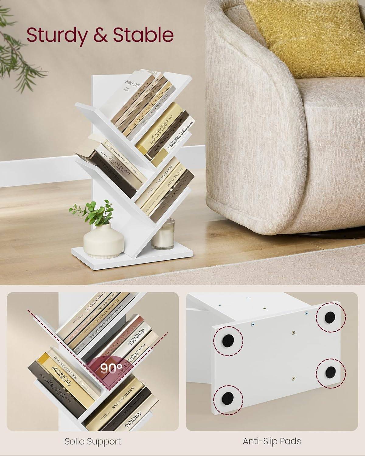 Tree Bookshelf, 5-Tier Bookcase, Small Bookshelf, Space-Saving Corner