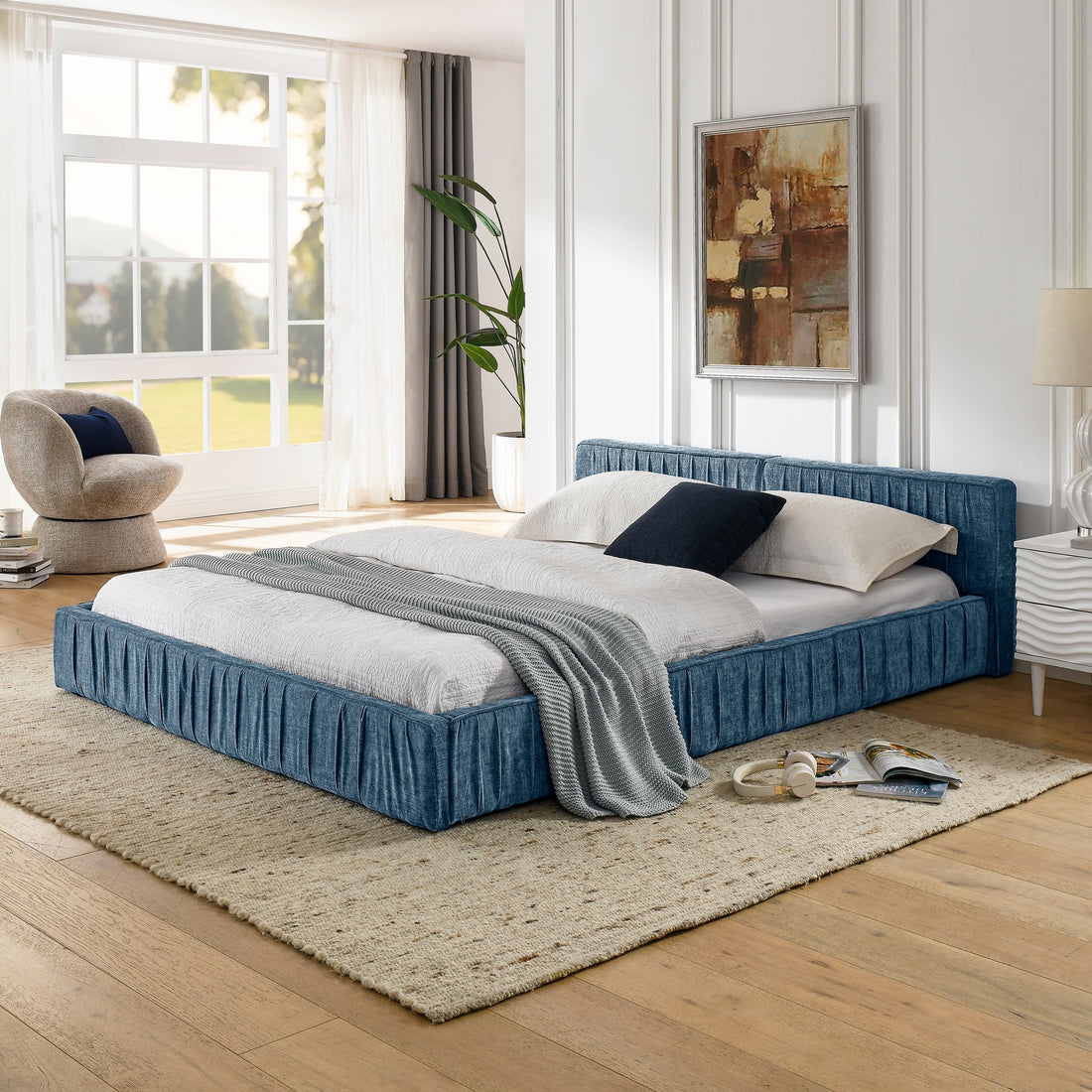 Modern Queen Size Upholstered Bed Frame with Pleated Chenille Fabric