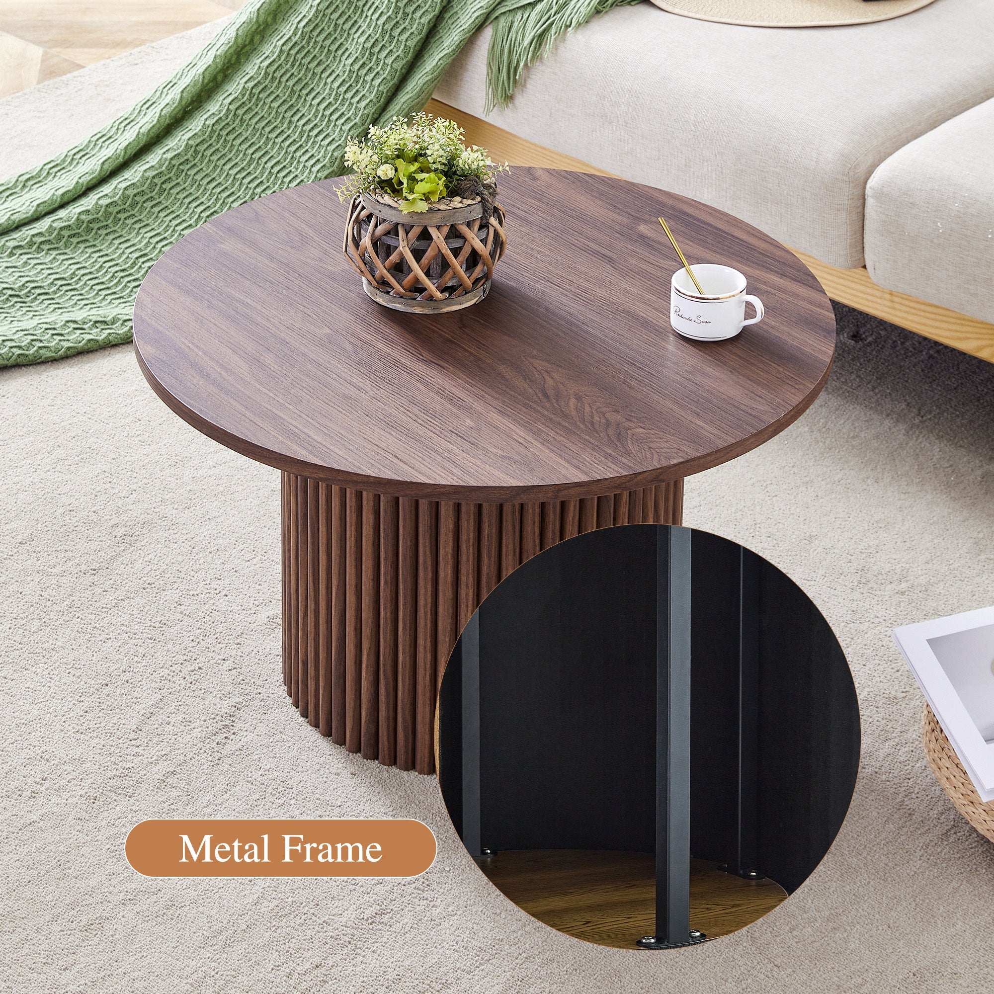 A modern circular coffee table with a diameter of 27.5 inches. MDF
