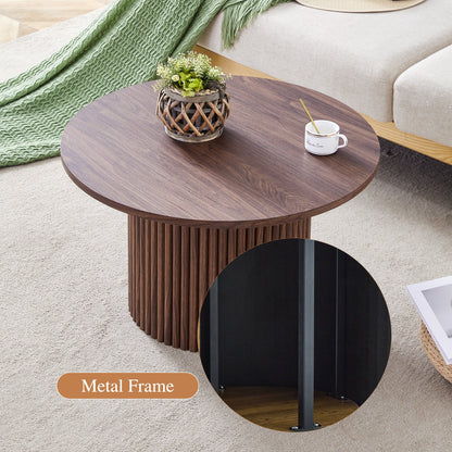 A modern circular coffee table with a diameter of 27.5 inches. MDF