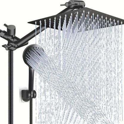 [8 Inch High Pressure Shower] 1set Shower Head Combo, 8 Inch High Pressure Rain Shower Head, With 11 Inch Adjustable Extension Arm And 5 Settings Handheld Shower Head Combo, Rain Shower Head With Handheld Sprayer, Bathroom Ac