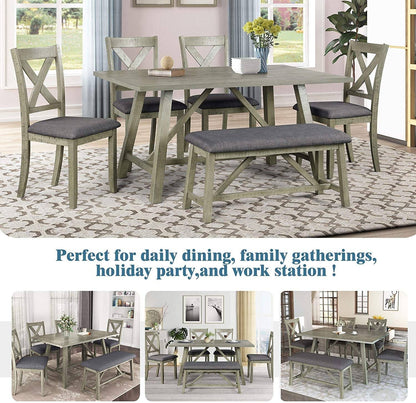 Rustic Gray Wooden 6-Piece Dining Table Set with Cushioned Chairs and