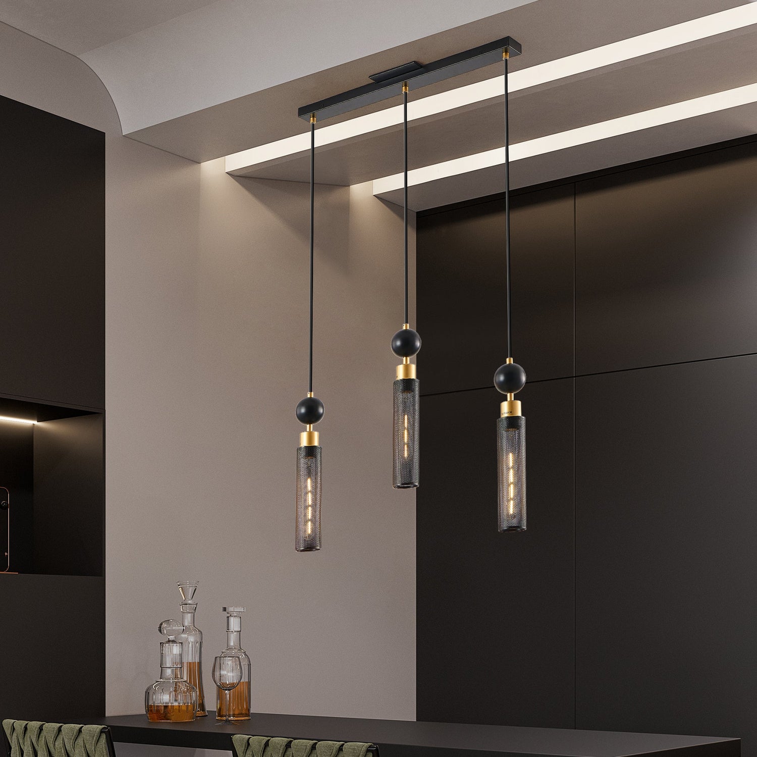 Modern Black and Gold 3-Light Pendant Chandelier, Adjustable Hanging