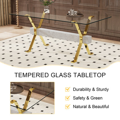Modern tempered glass dining table. Large modern office desk with gold