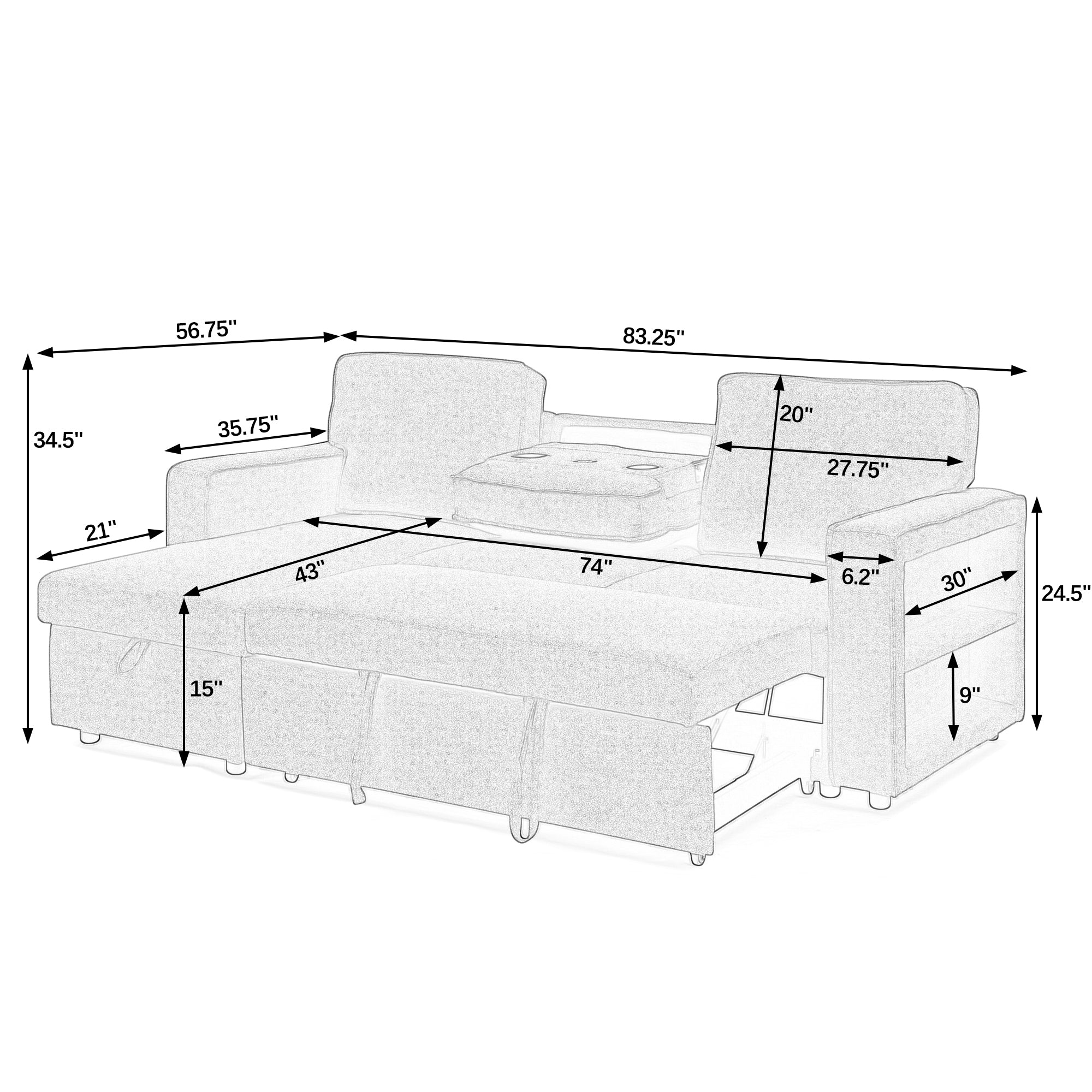 Linen Upholstered Sleeper Sectional Sofa, Shaped Modular Convertible