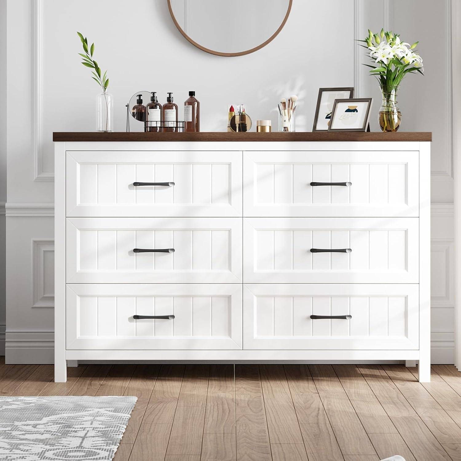 Farmhouse Dresser 6 Drawer Dresser for Bedroom, Large Wooden Dressers