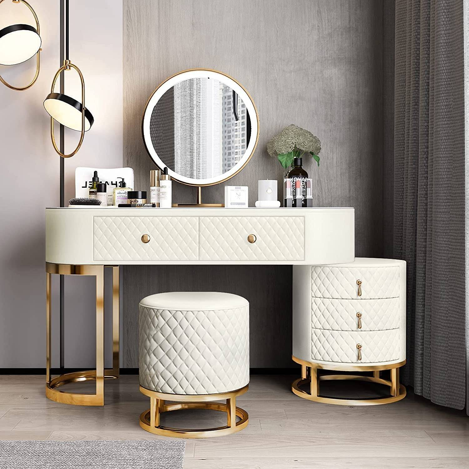 Pink Vanity Desk Set LED Mirror Storage Stool