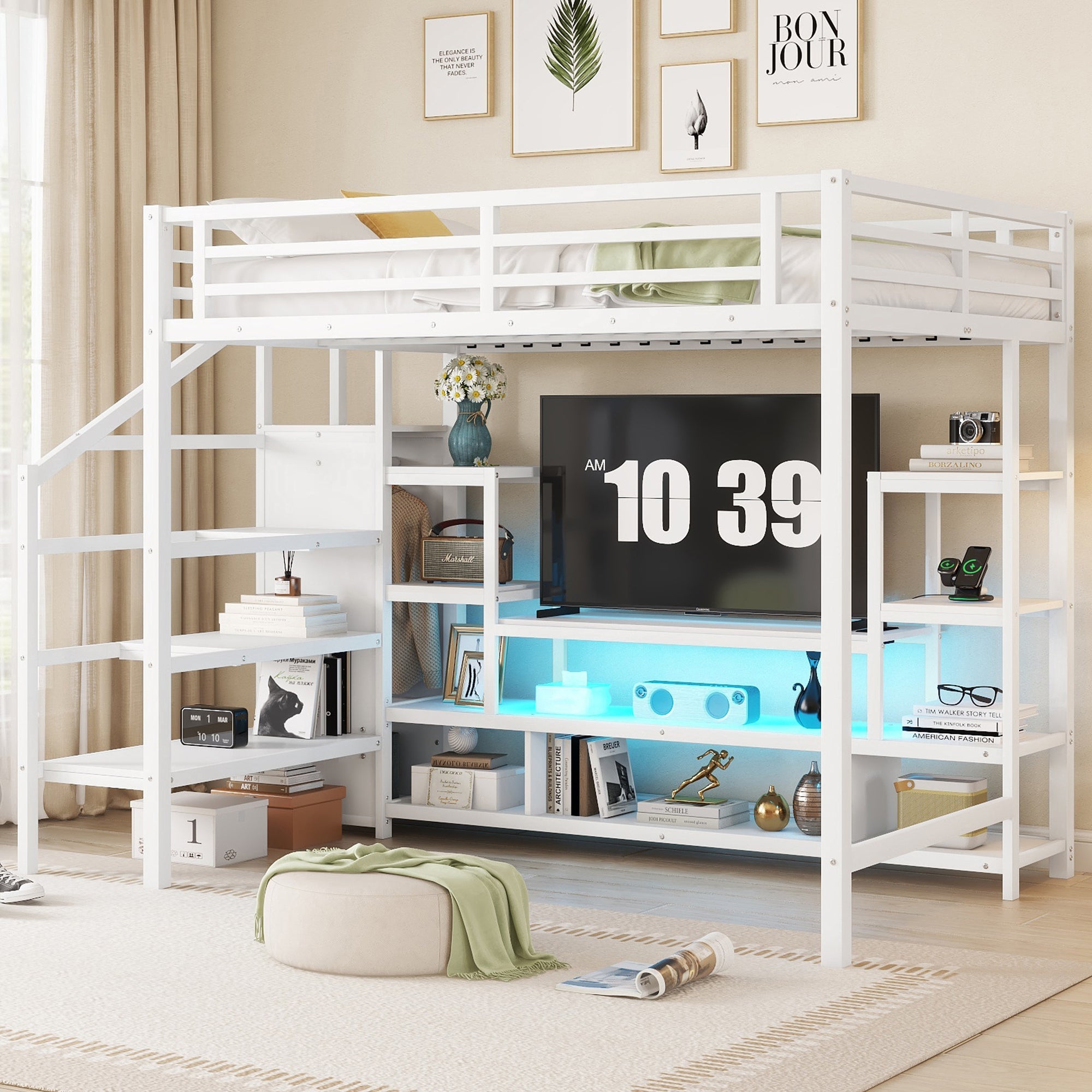 Full Size Metal Loft Bed with TV Cabinet, Metal Loft Bed with