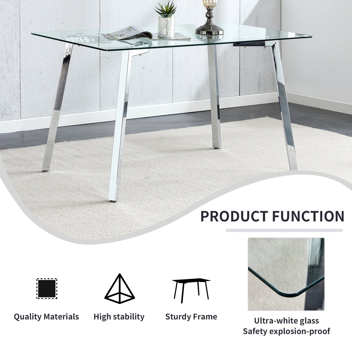 Glass Dining Table Modern Minimalist Rectangular for 4-6 with 0.31&