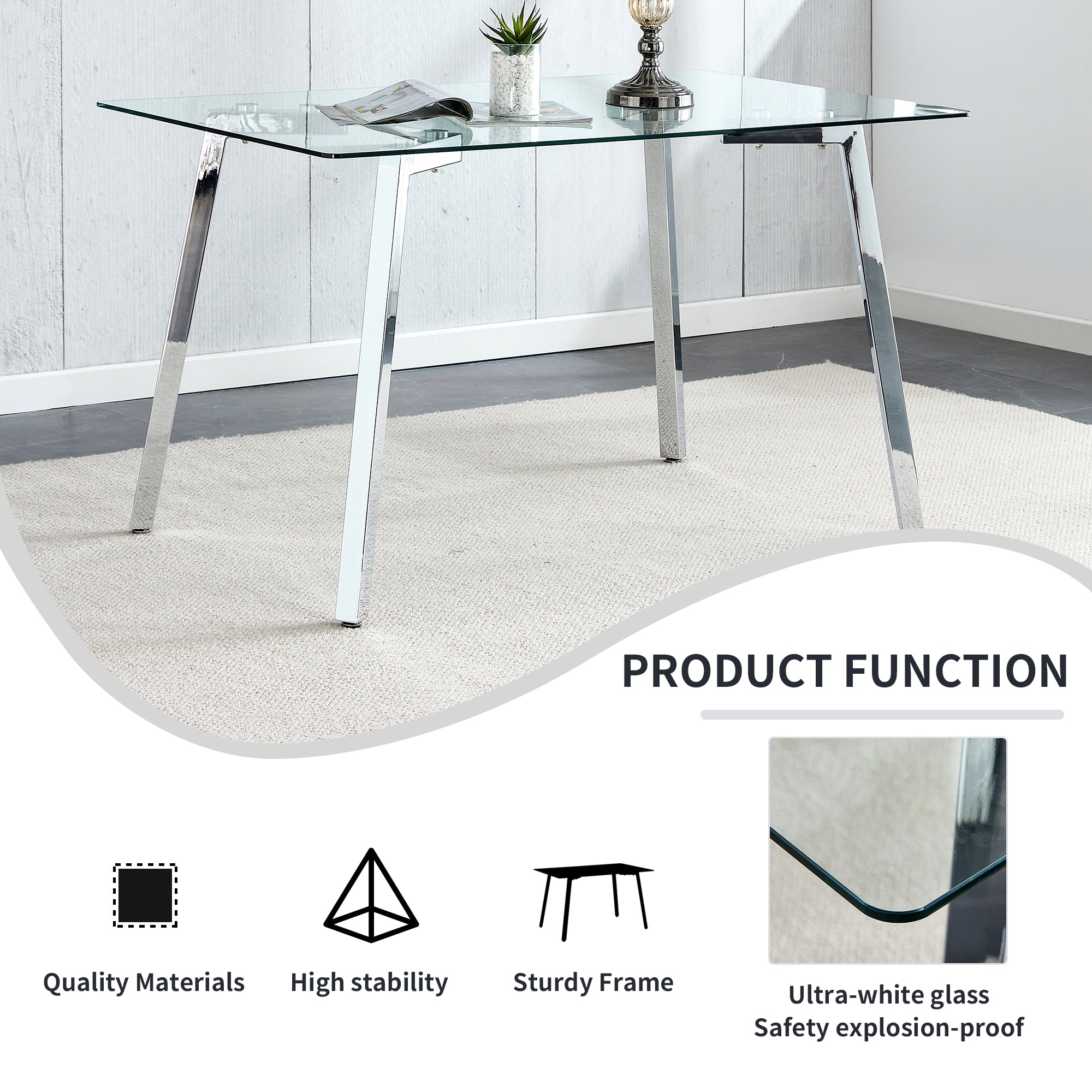 Glass Dining Table Modern Minimalist Rectangular for 4-6 with 0.31&
